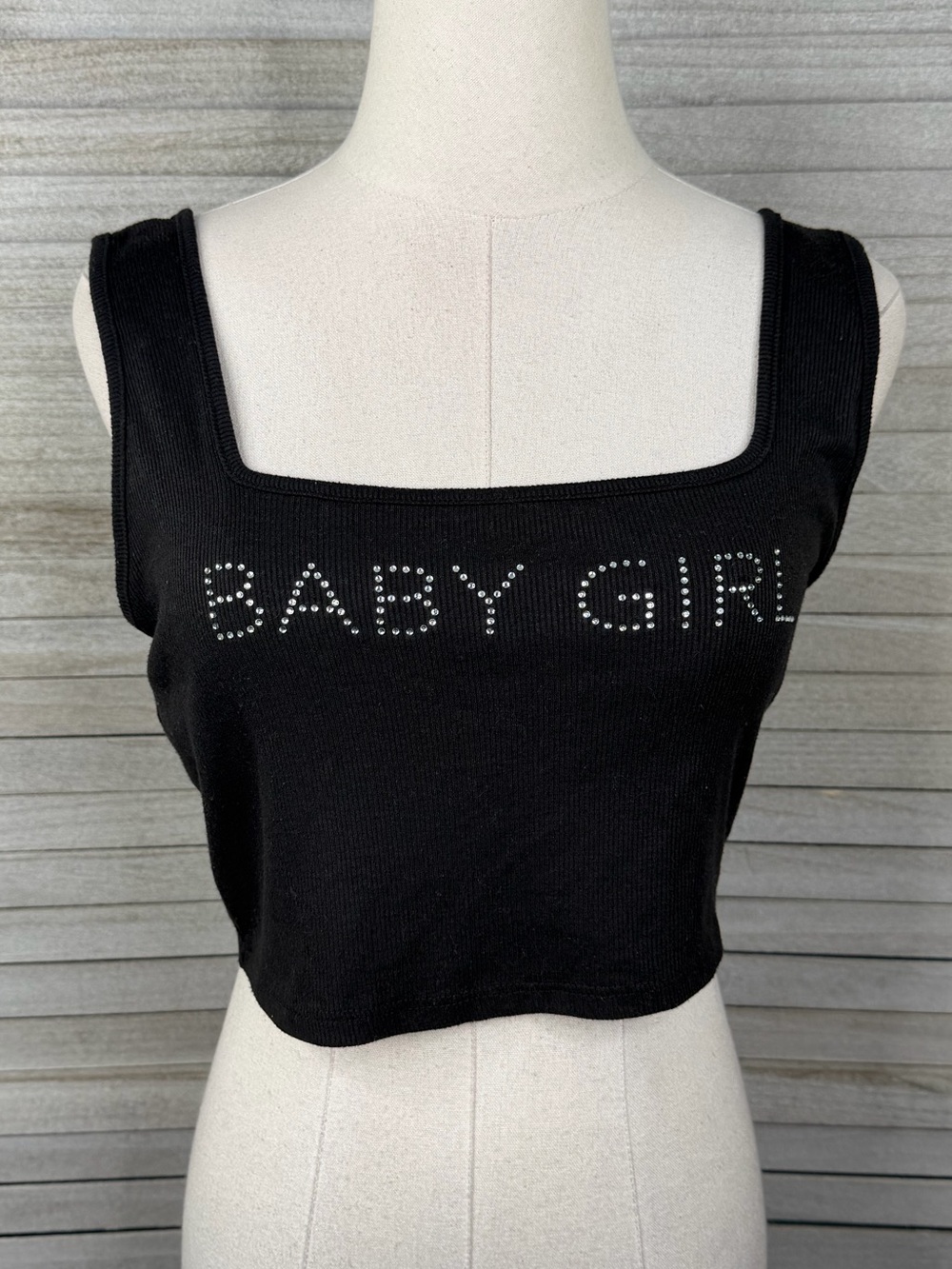 FASHION NOVA "Baby Girl" Rhinestone Ribbed Cropped Tank Top Black-Large